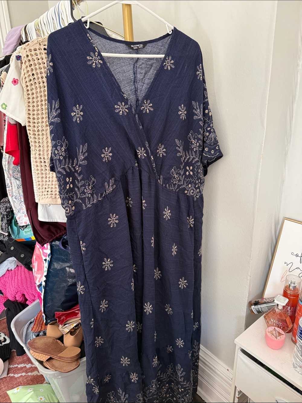BloomChic Navy Maxi Dress with Cream Floral Embroidery